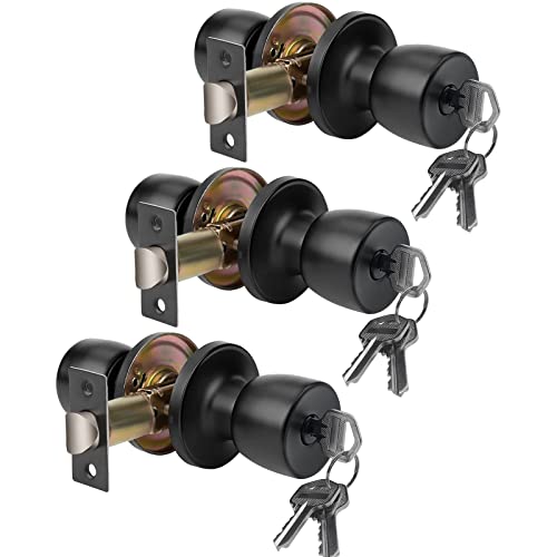 Dsjjbll With Key Matte Black Round Ball Door Knob Passage Door Privacy Locking Interior/Exterior Door Knob/Berlin Series Lock For Room Door 3Pack #TOP4