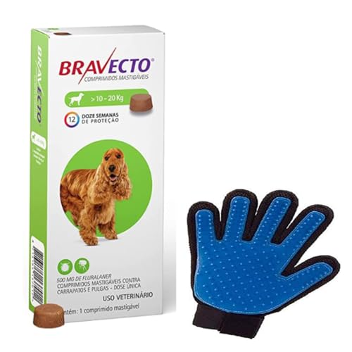 Bravecto Cães Antipulgas e Carrapatos MSD 500mg 10-20 kg | Kit Luva Massageadora Tira Pelos