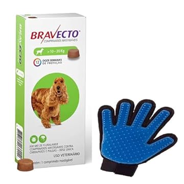 Bravecto Cães Antipulgas e Carrapatos MSD 500mg 10-20 kg | Kit Luva Massageadora Tira Pelos