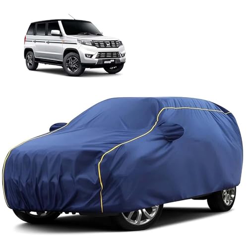 Image of Sulfar 100% Water Resistant Car Body Cover Compatible with Mirror for Mahindra Bolero Neo (Triple Stitched, Full Bottom Elastic, Blue Tafetta with Yellow Piping)