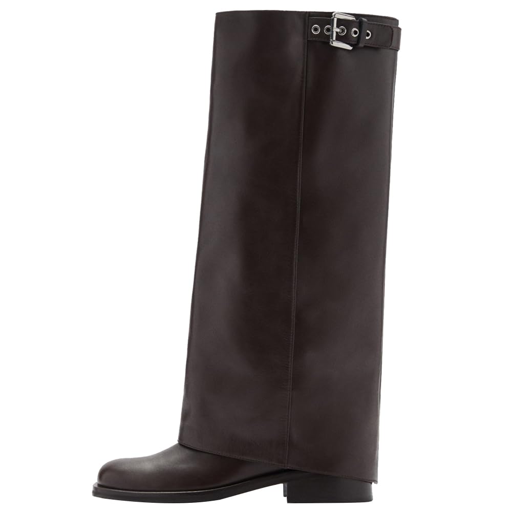 YIYA Womens Dark Brown Fold Over Knee High Boots with Buckle Square Toe Chunky Low Heels Motorcycle Biker