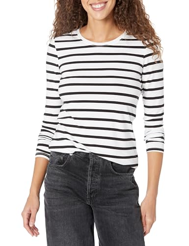 Amazon Essentials Damen Langärmeliges T-Shirt mit Rundhalsausschnitt in klassischer Passform (erhältlich in Übergröße), Schwarz/Weiß gestreift, Größe M