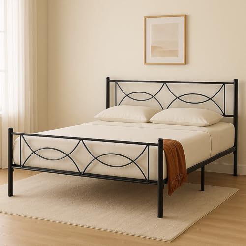 Image of Luno Metal Queen Size Bed Without Storage | Wrought Iron Double Bed with Headboard & Footboard | Sturdy Powder Coated Platform Bed Queen Size Cot for BedroomLivingRoom Black (75x60)