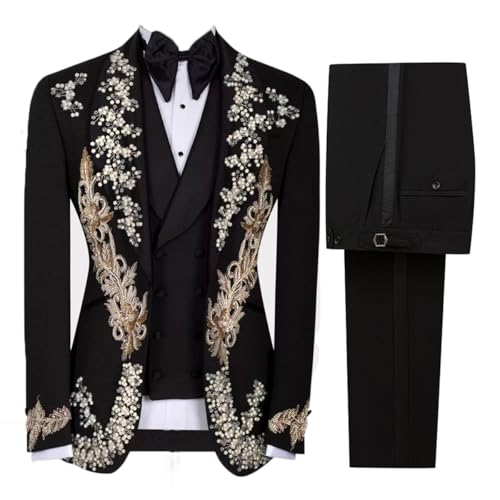 3 Piece Men's Tuxedo Suits Luxury Applique Beads Slim One Button Blazers Jacket Vest Pants Sets for Wedding,Prom