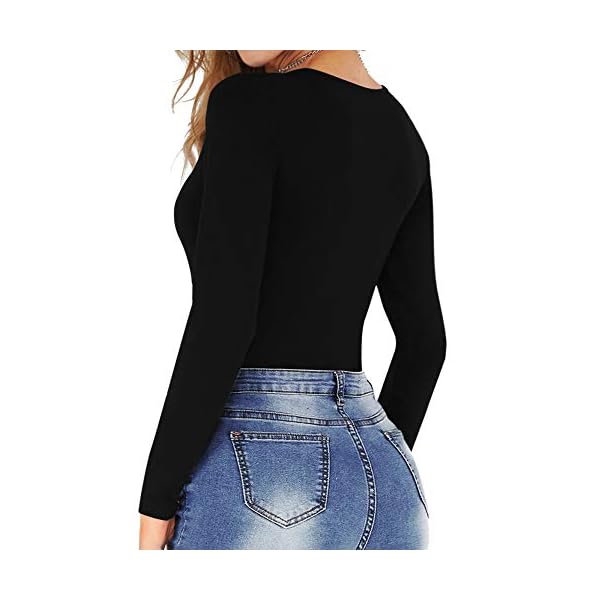 MANGOPOP-Womens-Crew-Neck-Short-Sleeve-Long-Sleeve-T-Shirts-Bodysuit-Jumpsuit MANGOPOP Black Long Sleeve Bodysuit Crew Neck Basic T Shirts Body suit