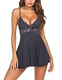ADOME Negligee Sexy Babydoll Nachtwäsche Sleepwear Tiefer V-Ausschnitt Nachthemd für Damen Spitze Nachtkleid Dessous mit Spitzendetail,Grau,XL