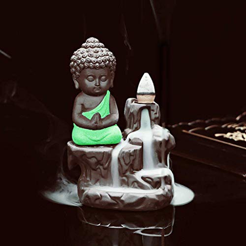 Image of CRAFTAM Meditating Monk Buddha Smoke Backflow Fountain Cone Incense Holder Decorative Showpiece with Free 10 Smoke Backflow Scented Cone Incense (Green)