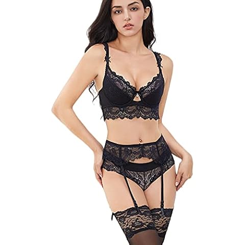 Women's Classic Bra Set and Garter Belt and Stocking Lingerie Set 4 Piece Black Cover