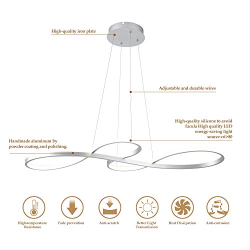 Sunmoo Modern Led Chandelier Dining Room Pendant Light Dimmable Creative Chandelier Remote Control Color/Brightness 3000-6000K Adjustable Hanging Lamp For Bedroom Living Room Kitchen 60W (Silver) #TOP4