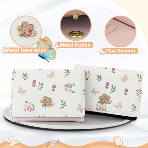 Cute Card Holder Wallet, Flower Button & Butterflies Print Card Wallets for Women, Elegant Youthful PU Short Women's Wallet with ID Window for Travel, Shopping (pink)3