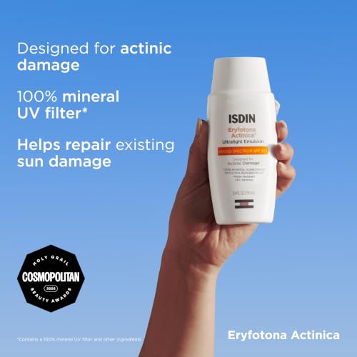 Image of ISDIN Eryfotona Actinica Mineral Face Sunscreen SPF 50+, No White Cast | 100% Mineral UV Filters, Zinc Oxide, Suitable for Sensitive Skin, Non-comedogenic, Dermatologist Recommended