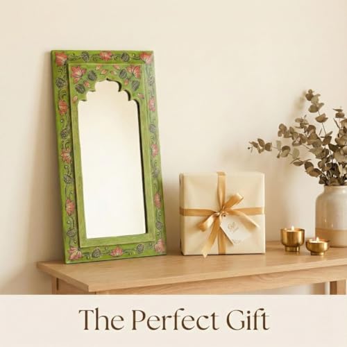 Image of Tropical Green Handpainted Wooden Mirror | Handcrafted Arch Design with Floral Motifs | Rajasthani Traditional Jharokha Style Mirror | Framed Wall Hanging for Home, Bedroom |18x9.5 Inch