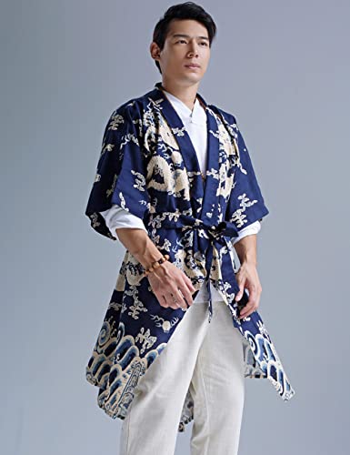 Ystylee Men's Kimono Robe Dragon Vintage Printed Lightweight Cotton Linen Japanese Haori Samurai Robe with Belt3