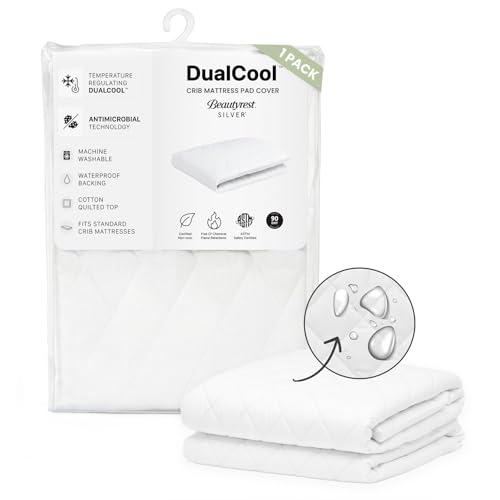 Beautyrest Kids Silver DualCool Technology Fitted Baby Crib Mattress Pad Cover | Waterproof | 52” x 28” | Machine Washable, White.