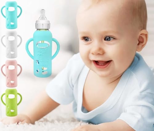 Image of MUAECH 4 Packs Silicone Sleeves for Dr. Brown's Natural Glass Baby Bottles, Drop Protection Baby Bottle Sleeves with Easy Grip Handles, Compatible Dr. Brown's Natural Narrow Glass Baby Bottles-8 OZ