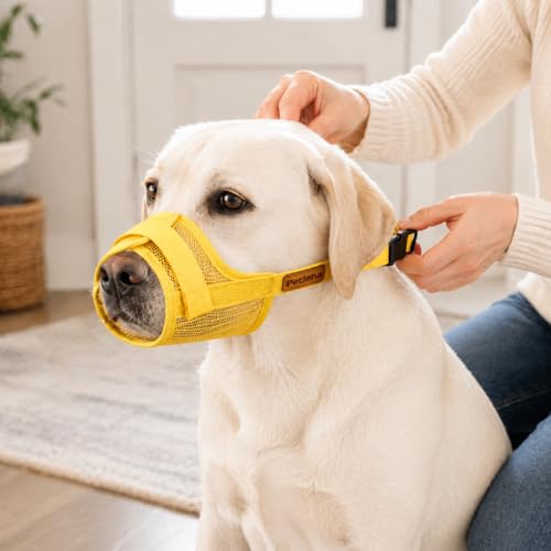 Image of Dog Muzzle, Breathable Mesh for Grooming & Nail Care, Yellow, S | Adjustable head and snout straps, quick-release buckle, soft padded edges