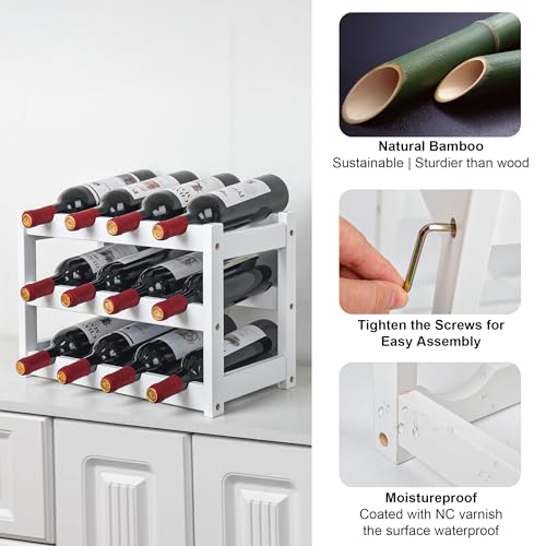 VASMIA Bamboo Wine Rack, Sturdy and Durable Wine Storage Cabinet Shelf, Wine Racks Countertop for Pantry,Kitchen,3-Tier 12 Bottles Wine Rack White - Image 5