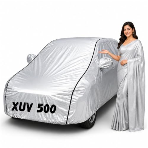 Image of Waterproof Car Body Cover for XUV 500 All Weather Protection Comes with Inner Cotton Lining & Triple Stitched with Mirror & Antenna Pocket Belt & Elastic Fit Metallic Silver with Black Piping
