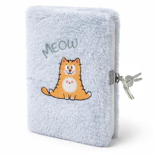 TIENDA EURASIA – Diario Secreto Infantil de Felpa con Candado y 2 Llaves | Diseño Mascotas | Cuaderno para Niños y Niñas | Multicolor | para Notas y Secretos | Medidas 13x1.5x19 cm (Gato)