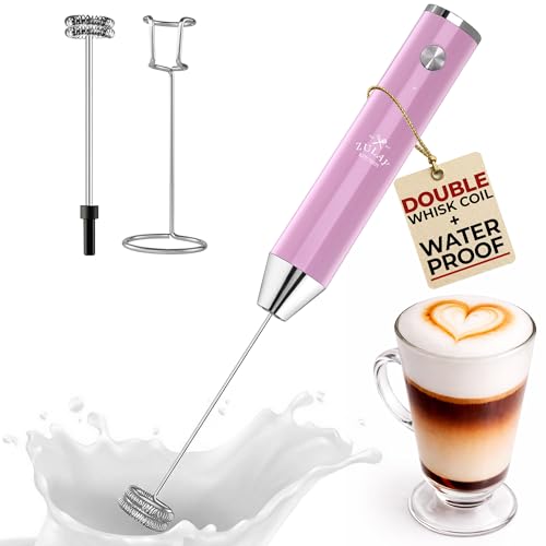 Image of Zulay Kitchen Rechargeable Milk Frother Handheld - Frother Wand, Drink Mixer, Electric Whisk Frother, for Cappuccinos, Matcha & Protein Powder - Lux Double Whisk 2 Speed Waterproof 2000mAh Pink
