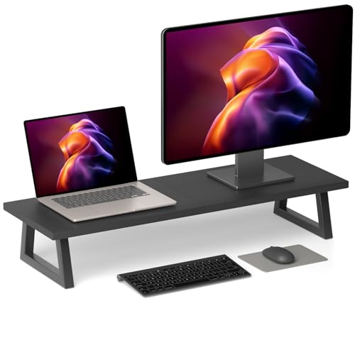 TEAMIX 80 cm (31,5 Zoll) Dual-Monitorerhöhung, lang, schwarz, Monitorständer für 2 Monitore, Holz und Stahl, Schreibtisch-Organisation, Heimbüro