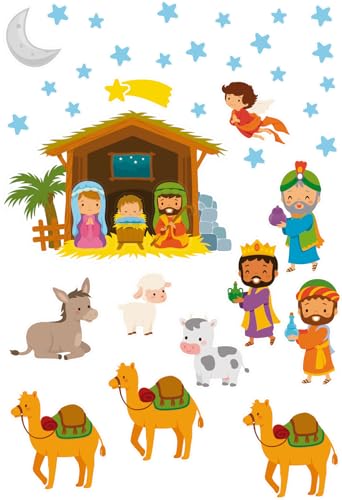 ETIKIDS Portal de Belén con Reyes Magos. Vinilo Electroestático Navideño para Ventanas. Pegatinas Reutilizables para Cristales y Escaparates.