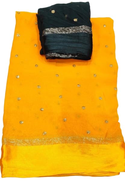 Image of Pure Georgette Sequence Work Saree with Contrast Blouse, Satan Patta Fabric