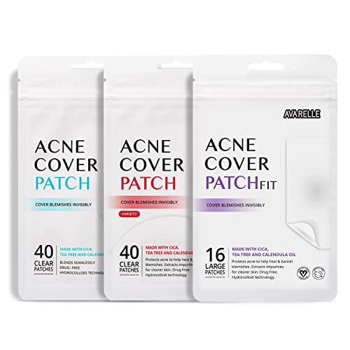 AVARELLE Pimple Patches (40 Count) Hydrocolloid Acne Patches, Acne Spot Treatment for Blemishes and Zit with Tea Tree Oil, Calendula Oil and Cica Oil for Face, Vegan (40 CT + Variety + Fit)