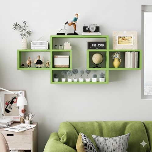 Image of Wooden Wall Shelves for Living Room, Bedroom Wall Mounted Rectangle Bookcase, Intersecting Wall Shelves for Storage Modern Decorative Display Shelves for Wall Decor (Green)