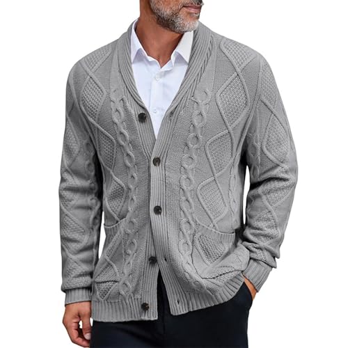 ADHOWBEW Cardigan Sweaters for Men Button Down Knitted Long Sleeve with Pockets Fall V Neck Shawl Collar Winter Coat - Main Image
