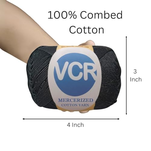 Image of VCR 4 Ply Black 100% Mercerized Cotton Yarn, 60 Grams Hank, 190 Meters Length, Cotton Combed Ball, Smooth and Glossy Crochet Yarn for Crochet and Knitting, Pack of 1, Suitable for DIY Crafts