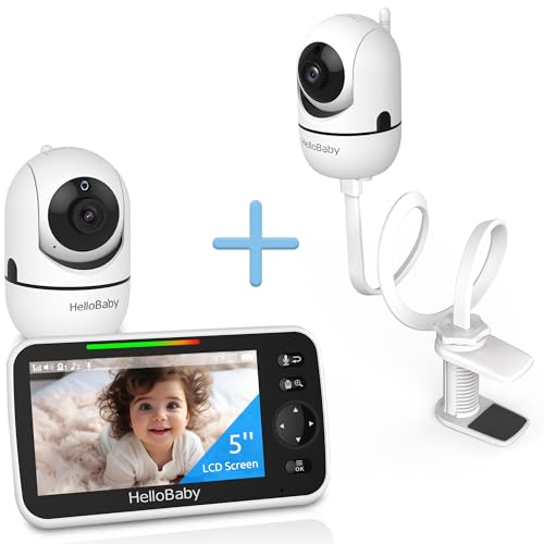 Image of HelloBaby Clip Clamp Mount Baby Monitor with 2 Cameras, 5'' Screen, and 26-Hour Battery - No-WiFi Baby Monitor with Flexible Gooseneck Arm