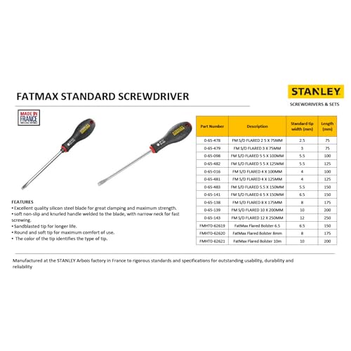 Image of STANLEY 0-65-478 FATMAX SCREWDRIVER FLARED 2.5 X 75MM