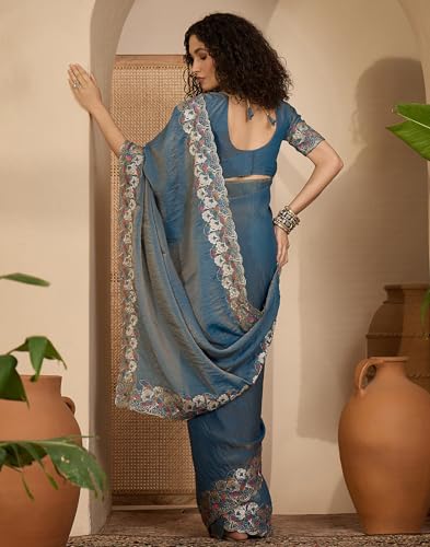 Image of SIRIL Women's Shimmer Georgette Scalloped Border Sequins Embroidery Saree with Unstitched Blouse Piece