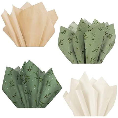 Aobkiat 24PCS Green Brown Wrapping Paper, 20 x 28Inch Olive Leaf Themed Tissue Paper for Gift Wrapping, Green Boho Wedding Decorations, Birthday Party, DIY Craft, Present Packaging Cover