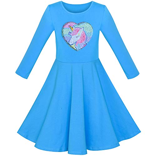 Sunny Fashion Girls Dress Cotton Blue Unicorn Sequin Long Sleeve Casual Size 42