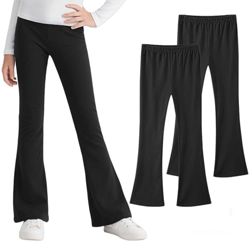 JinBei Girls Flared Leggings Cotton Kids Stretchy School Trousers 2-Pack Elastic Waistband Bell Bottoms Bootcut Pants Lightweight Wide Leg Legging Black for Dance Casual Sports, 5-6 Years