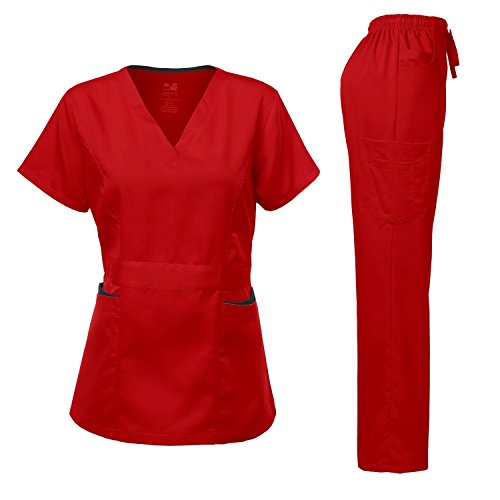Medical Uniform Women's Scrubs Set Stretch Contrast Pocket RED L
