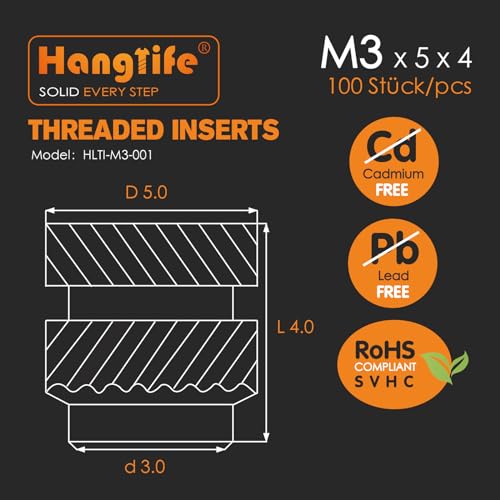 hanglife heat-set threaded inserts m3 heat set insert for 3d printing components and plastic parts - brass metric knurled nuts 100 pieces