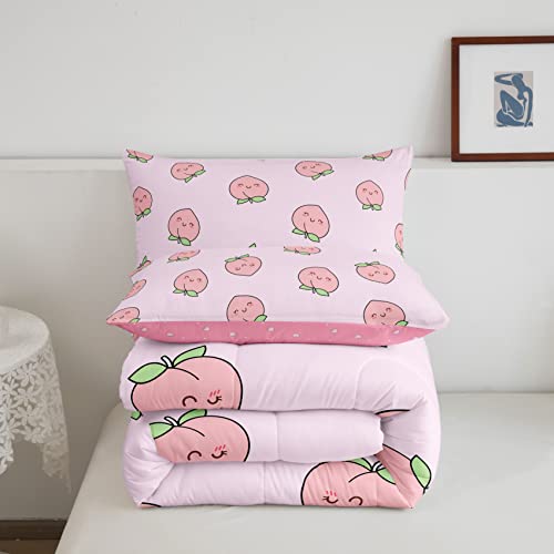 Erosebridal Peach Comforter Set Queen For Girls Women Kids Cute Cartoon Red Fruit Printed Reversible Bedding Set Kawaii Decor Soft Warm Quilt Duvet Set Pink Nature Plant Comforter #TOP4