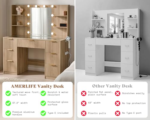 Image of AMERLIFE 47.2 inch Fluted Vanity Desk with Mirror and Adjustable LED Lights, Large 7 Drawers Makeup Table with Glass Top and Charging Station for Women and Girls, Bedroom or Dorm, Natural Oak
