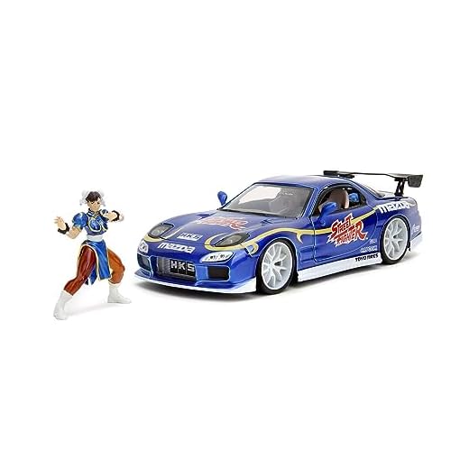 Jada- Street Fighter II, Chun-Li, Mazda RX-7 de 1993, Escala 1:24 , en Metal, Giro de Ruedas, Apertura de Puertas y Figura de Chun-Li (253255062)