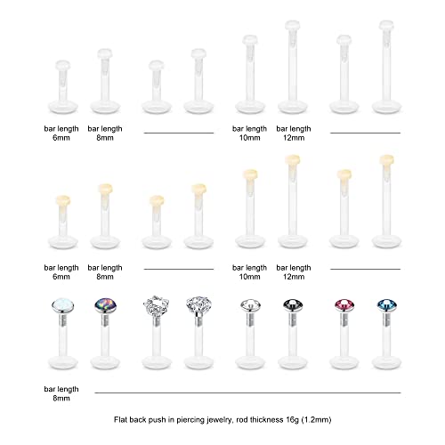 16G Clear Plastic Earrings for Work Sports Surgery, Bioflex Flat Back Push in Piercing Studs for Lip Labret Medusa Mornoe Ashley Dimple Cartilage Helix Conch Nose 6mm 8mm 10mm 12mm2