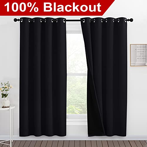 Image of NICETOWN 100% Blackout Window Curtain Panels, Full Light Blocking Drapes with Black Liner for Nursery, 78 inches Drop Thermal Bedroom Drapes and Curtains (Black, 2 Pieces, 55 inches Wide Per Panel)