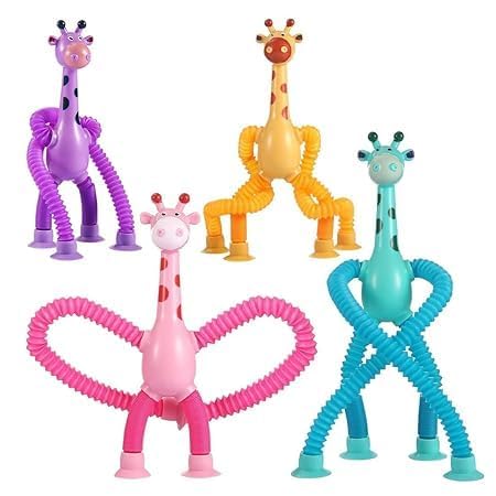 DARKFISH Pack of 2 Telescopic Suction Cup Kids Travel for Flight Pull String for Babies for Boy Girls Robot Light Tube Toddlers Gift Unique for Kids (Giraffe) Multi Colour