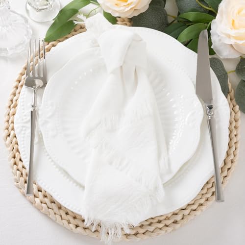 Dezerlor HMNPS-IVORY6 6 Pack Ivory White Cotton Linen Napkins With Fringe Fall Napkins Cloth Set Of 6 Boho Thanksgiving Napkins Handmade Dinner Napkins Bulk thumb #3
