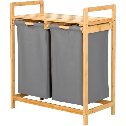KQQK竹製フレームオックスフォード布収納袋二分割分類家庭用収納汚れた衣類収納高耐荷重防塵・通気合理0的な区分大容量シンプル多用途和風デザイン実用的お手入れ簡単スペース活用簡単整理 (グレイ・ダブル引き出し)