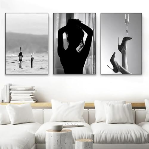 Affiche noir et blanc femme au vin déco bord de mer chic