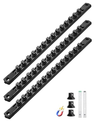Image of ALOANES Magnetic Socket Organizer Set, 3-Piece Heavy Duty Aluminum Socket Rails, 360 Swivel Clips Socket Rail Kit for Tool Tray Drawer Fit 3 /8-Inch x 42 Clips (Black, 3PC)
