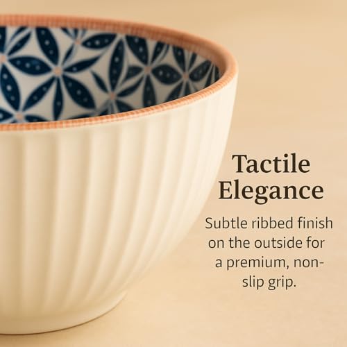 Image of YELONA Japanese Ceramic Dinnerware Set of 6 (4 Bowls + 2 Plates) | 11.5cm Bowls (300ml) & 8-Inch Plates (20.5cm) | Honeycomb Pattern | Microwave & Dishwasher Safe | Rustic Modern Kitchen Crockery